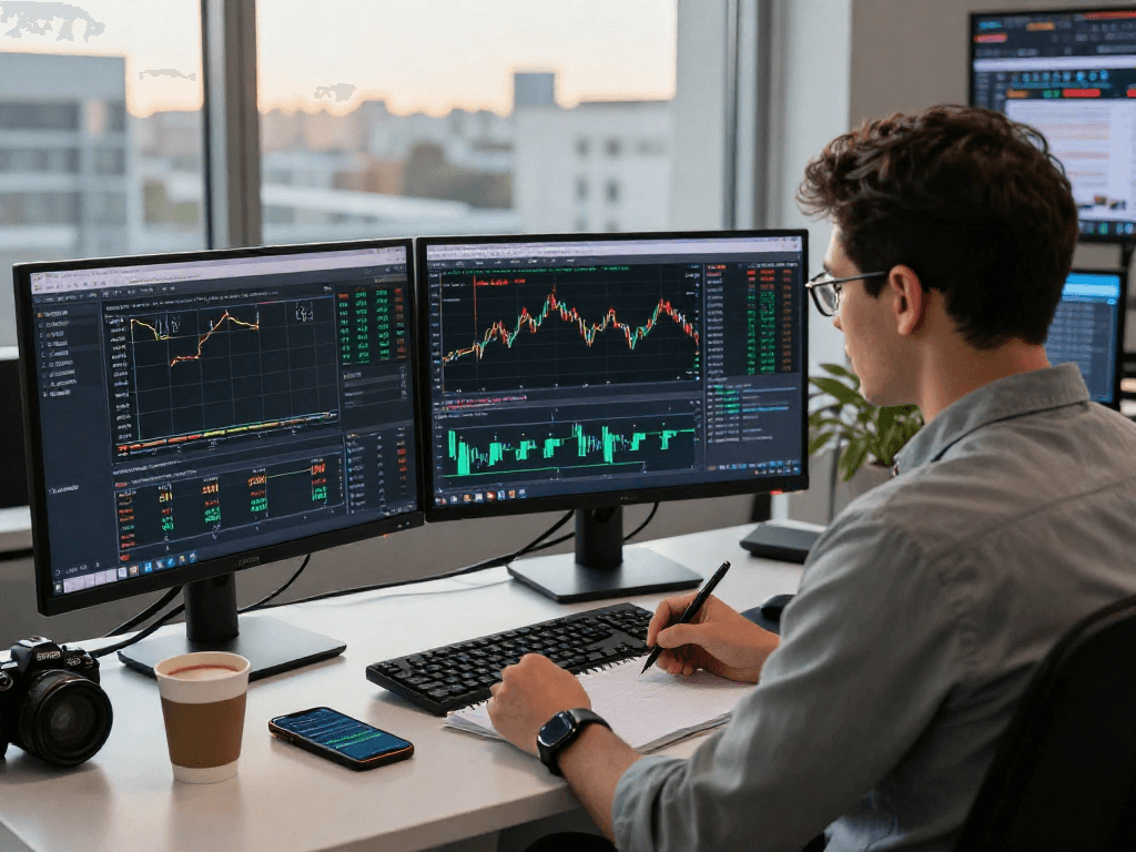 使用MetaTrader 5分析市场走势的交易者在现代办公室内专注交易.