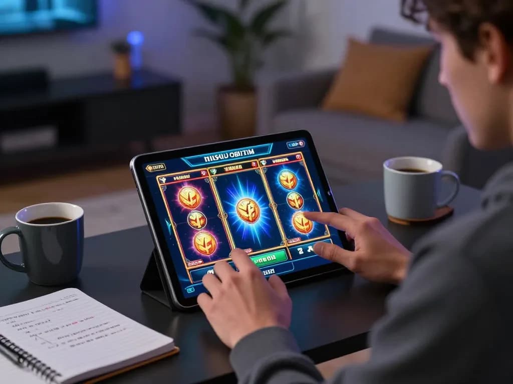 Enthusiastic player enjoying hitclubapk slots on a tablet in a cozy home setup.