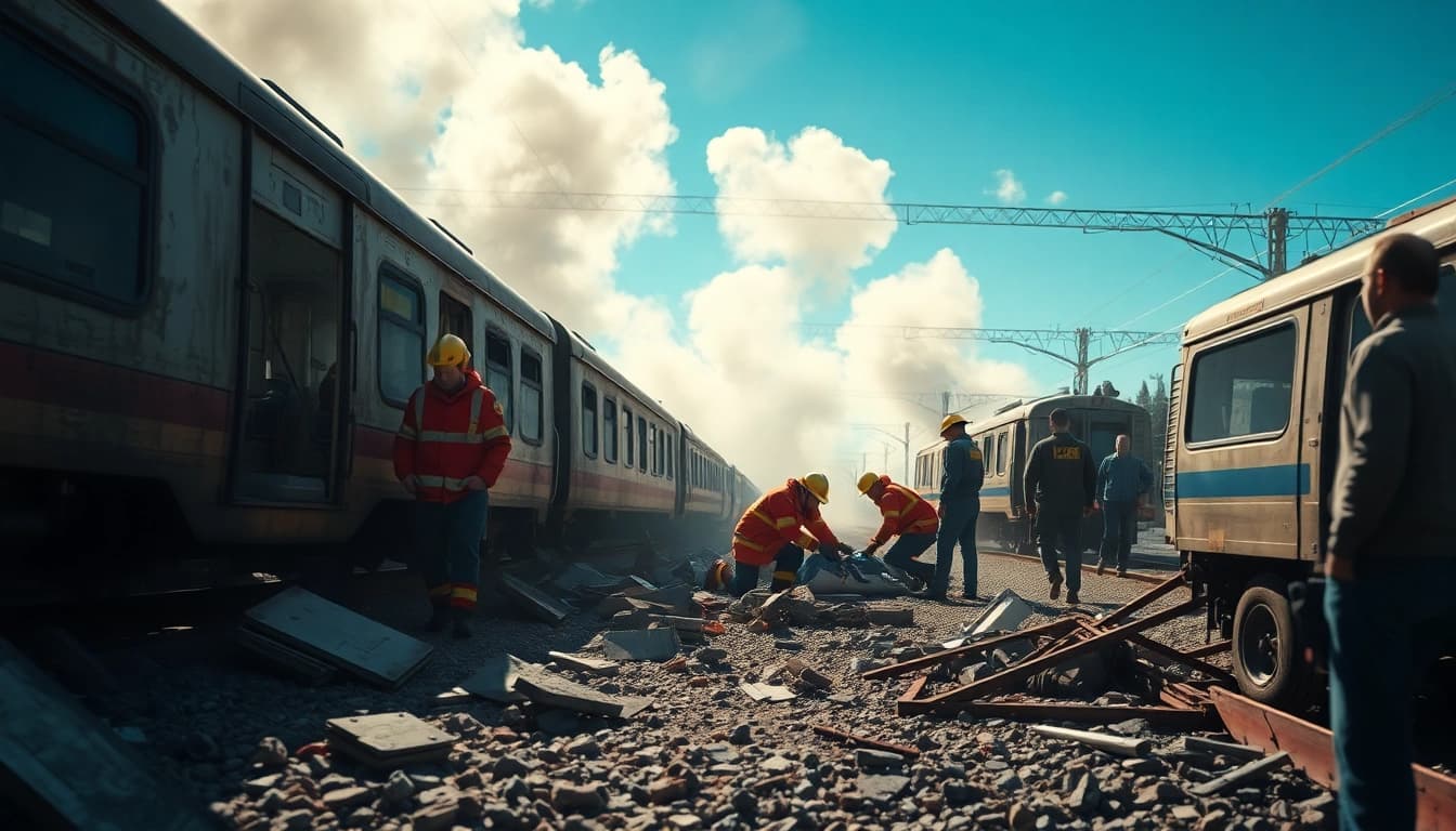 Spain train crash scene depicting emergency responders aiding victims amidst wreckage.