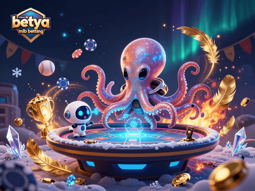 Engage in betya.com mlb betting with an alien octopus at a poker table amidst dynamic sports elements.