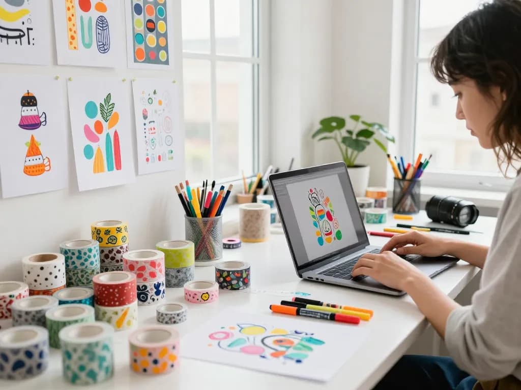 Custom washi tape designs being created in a vibrant art studio with colorful supplies and natural light.