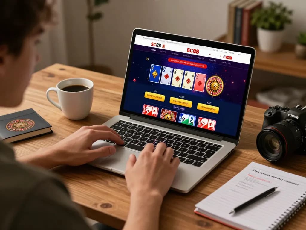 Player enjoying SC88 online casino experience on laptop, focused on betting strategies comfortably at home