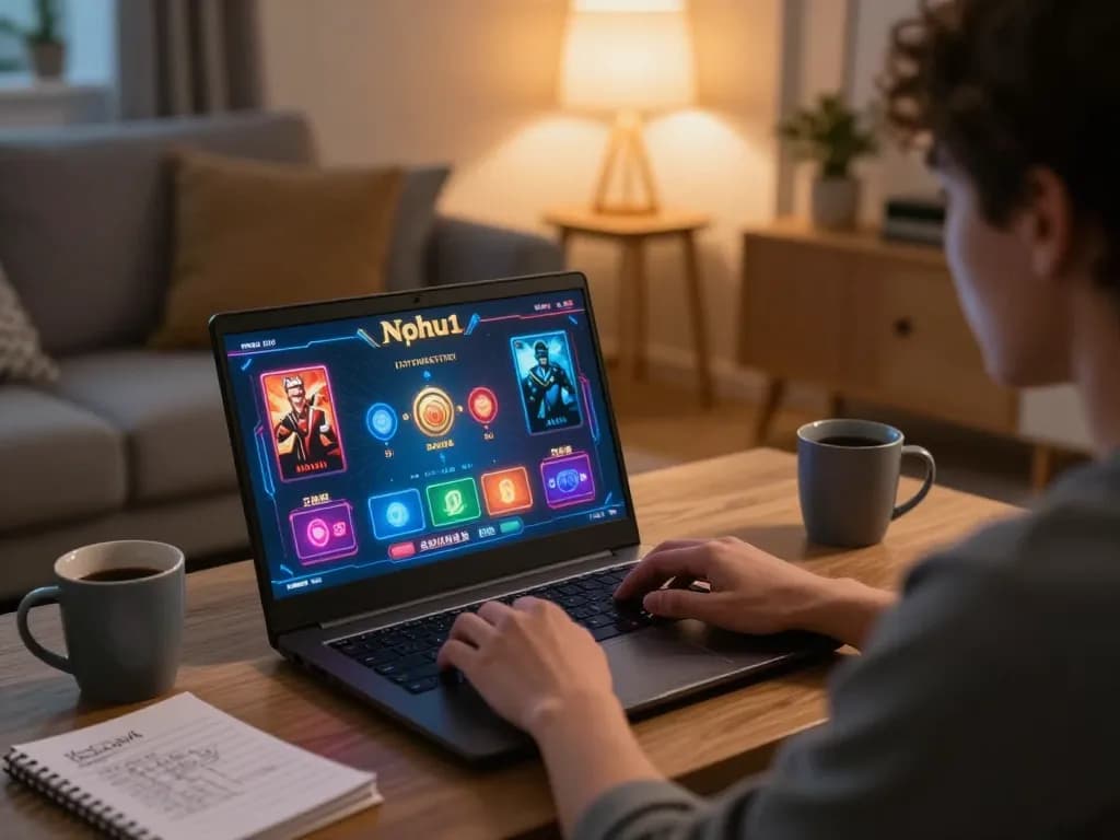 Nohu1 casino player enjoying an online game in a cozy living room setting.