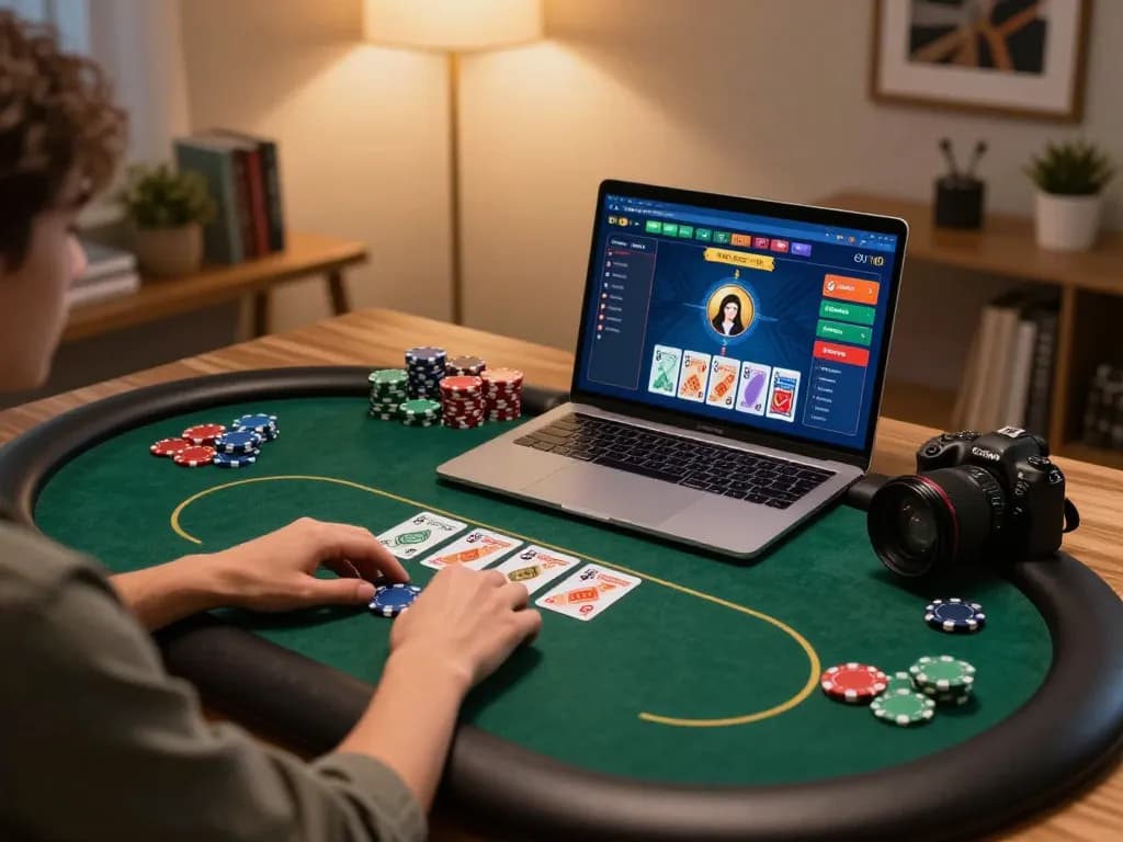 Player engaging with fly88 online poker game on laptop, dynamic betting action in cozy home environment.