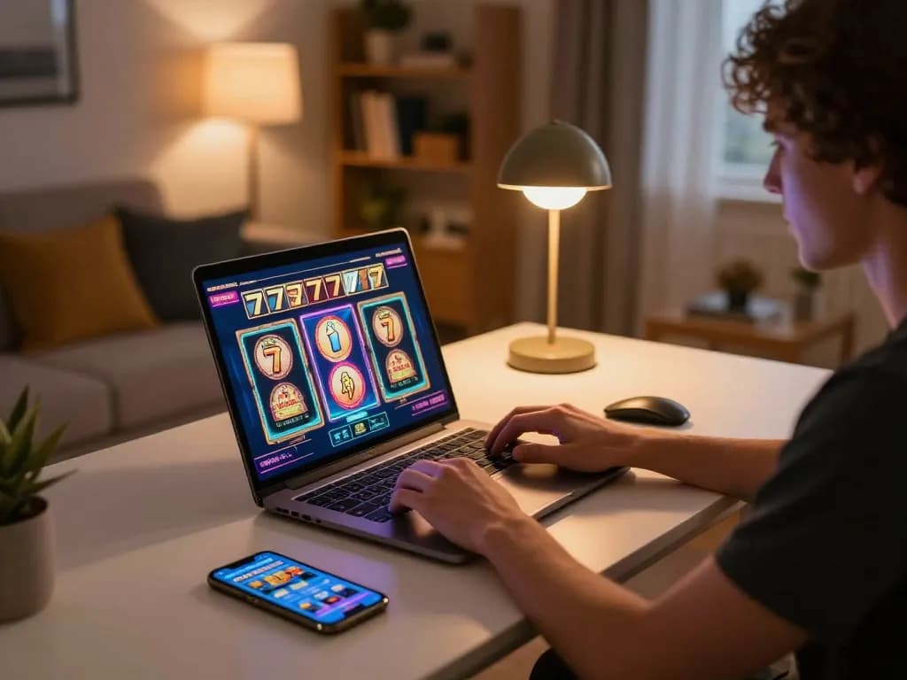 Engaging in a slot777 game with immersive online casino vibes at home, showcasing strategic gameplay.