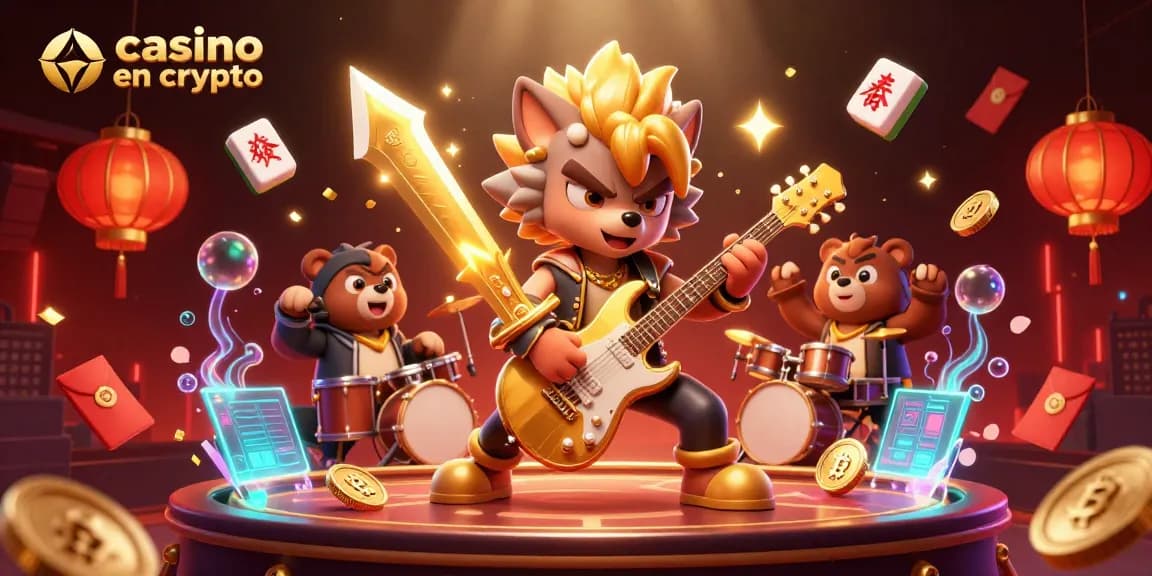 Profitez du casino en crypto avec un loup rock star et un ours batteur sur scène, entouré d'éléments de jeu.