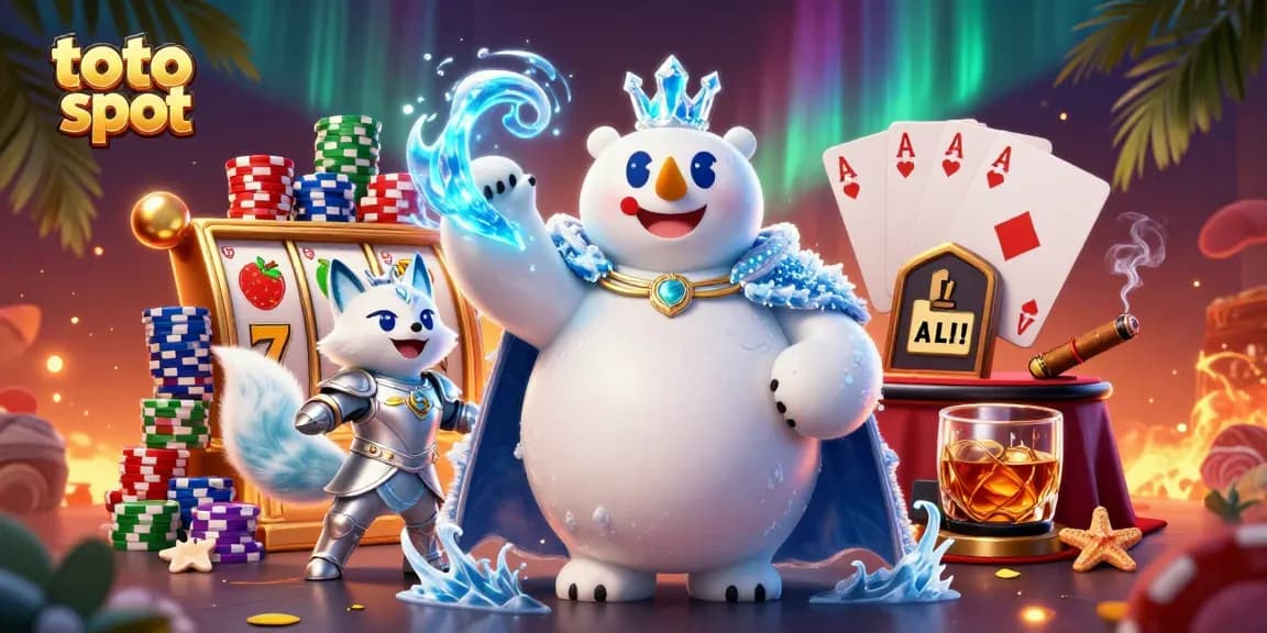Toto slot game featuring a majestic ice king polar bear and snow fox amidst vibrant casinos.