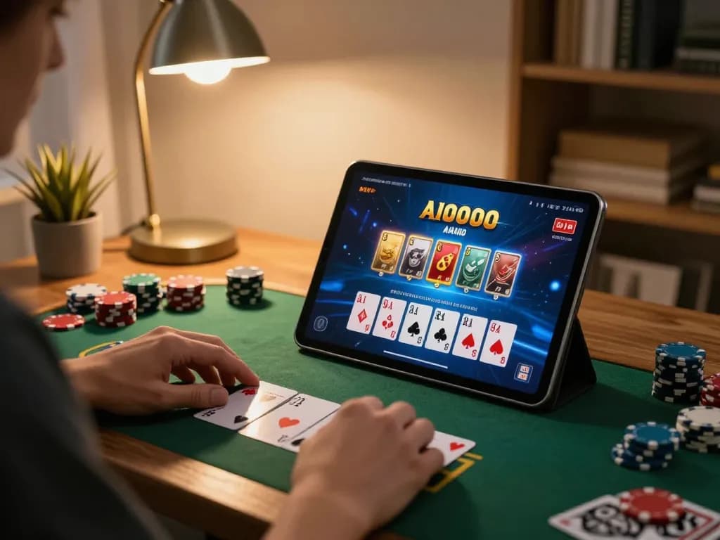 tg8 player enjoying an online blackjack game on tablet, chips and cards visible, cozy warm setting