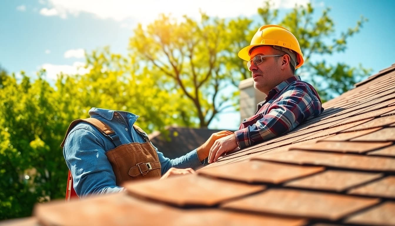 Delivering reliable roofing services, a contractor inspects a roof with care and safety in a bright neighborhood.