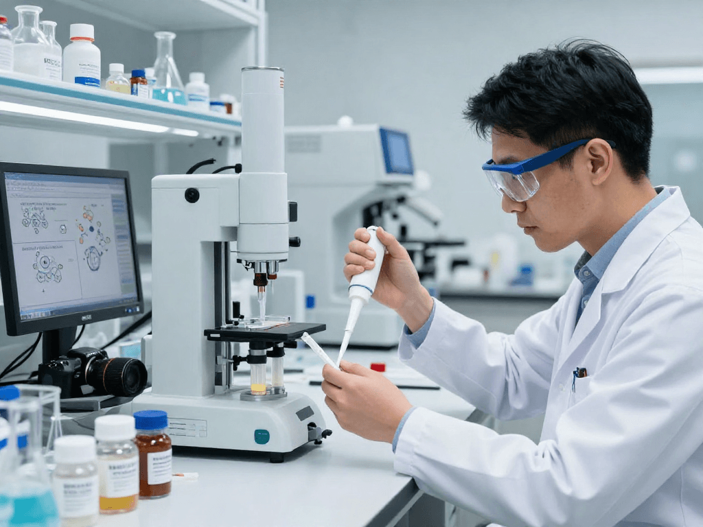 BPC 157 TB 500 Blend formulation in a high-tech lab with a scientist preparing precise multi-layer strips.