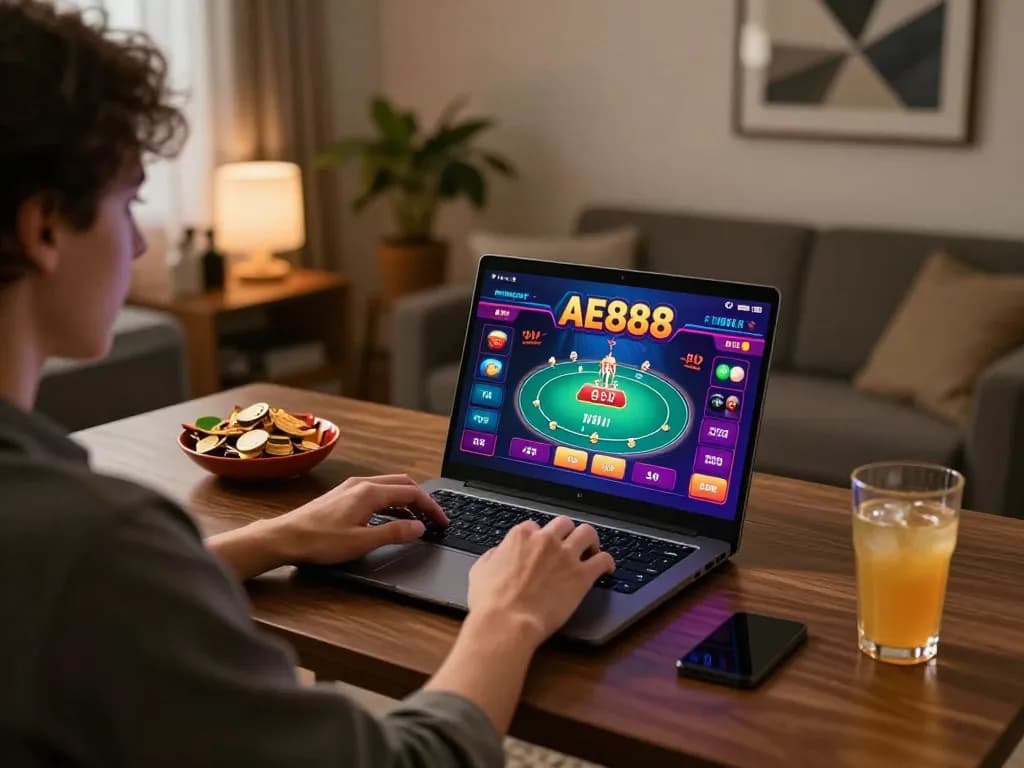 Engaged player enjoying AE888 online poker game at home