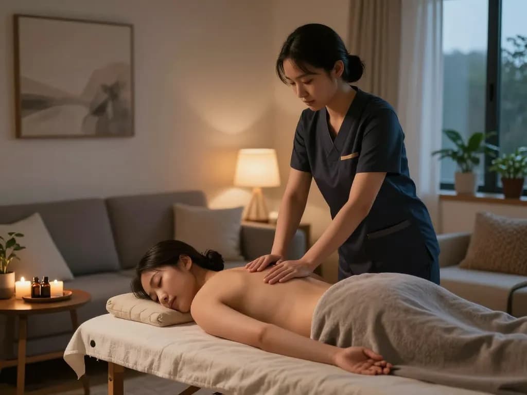 편안한 요소가 있는 고요한 홈 설정에서의 릴렉싱 출장마사지 세션.
