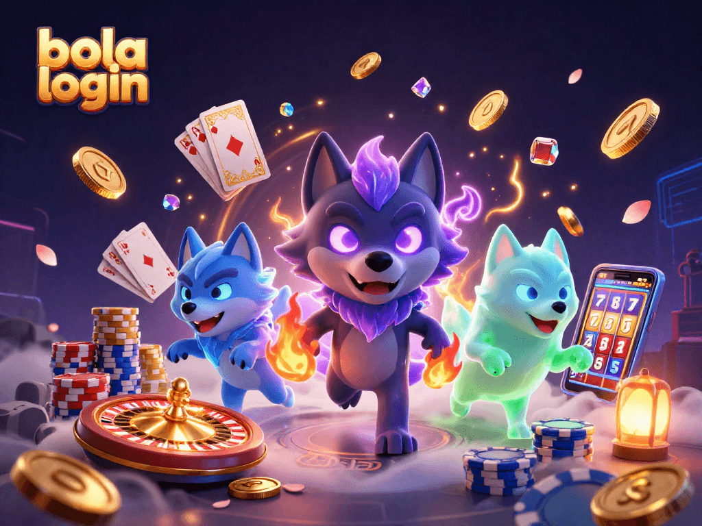 Join the thrill with bola login as glowing wolf spirits chase riches through a vibrant casino scene!