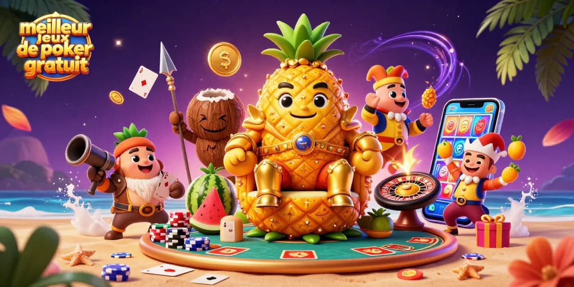Découvrez le meilleur jeux de poker gratuit sur une scène dynamique avec le roi ananas et ses alliés.