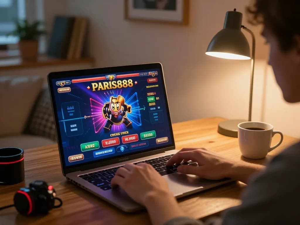Engaging player using laptop for paris888 online casino games, showcasing a vibrant game interface and cozy home atmosphere.