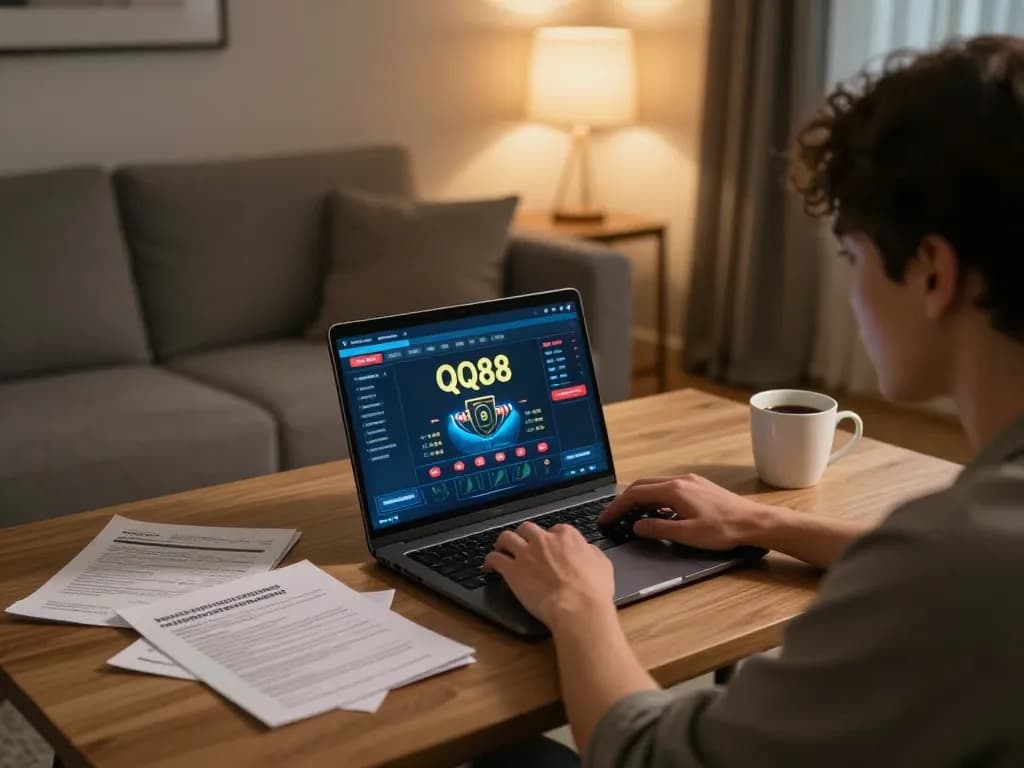 Player strategizing on qq88 gambling platform in a cozy home setting, highlighting responsible online gaming.
