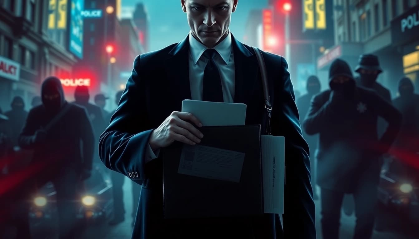 Investigative scene depicting Politics Thieves and Bullets with a mysterious figure amid urban chaos.