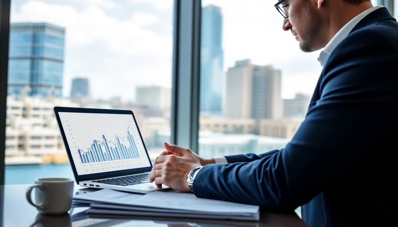 Investment management San Antonio professional analyzing financial data in a vibrant office.