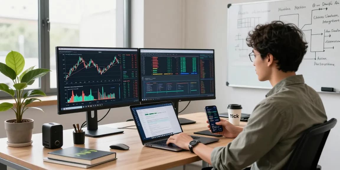 Developer analyzing historical Kline data API in a modern fintech workspace.