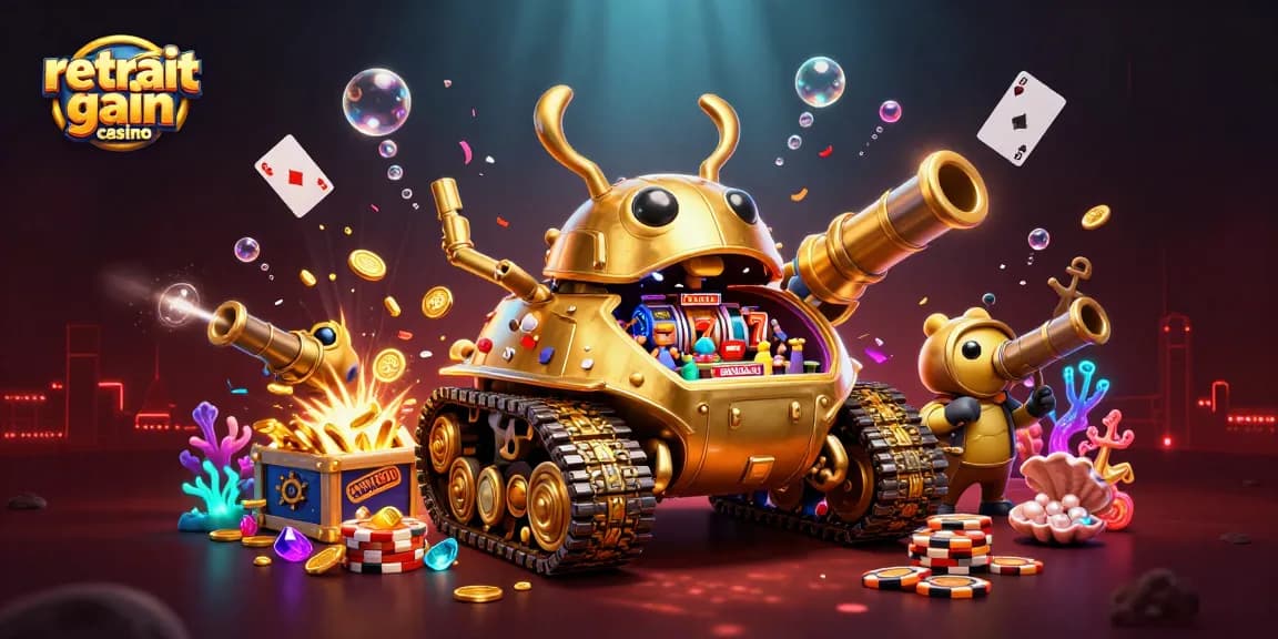 Retrait gain casino : Révélez un monde de jeux avec un tank doré 3D et des éléments sous-marins.