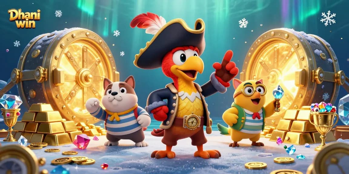 Dhani win pirate-themed illustration showing exciting gaming elements like gold, jewels, and characters participating in thrilling gameplay.