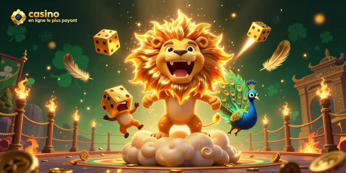 Illustration 3D d'un lion soleil et des dés d'or, représentant le casino en ligne le plus payant.