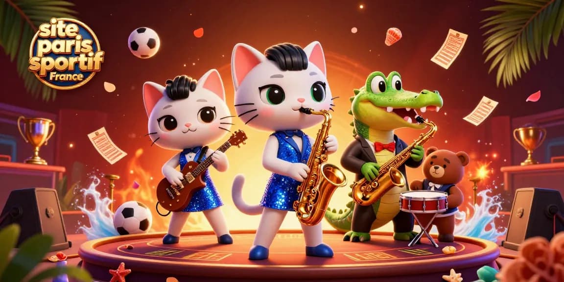 Illustration captivante de site paris sportif France, avec des personnages animés autour d'éléments sportifs et de paris.
