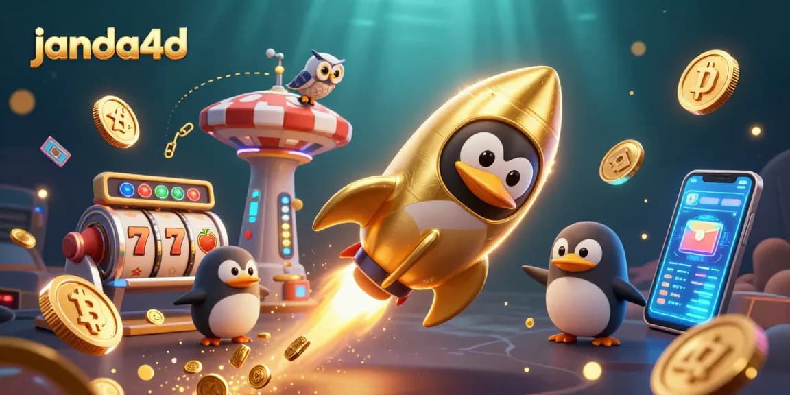 janda4d menampilkan penguin emas bertenaga roket menjalani petualangan kasino dengan banyak koin bersinar