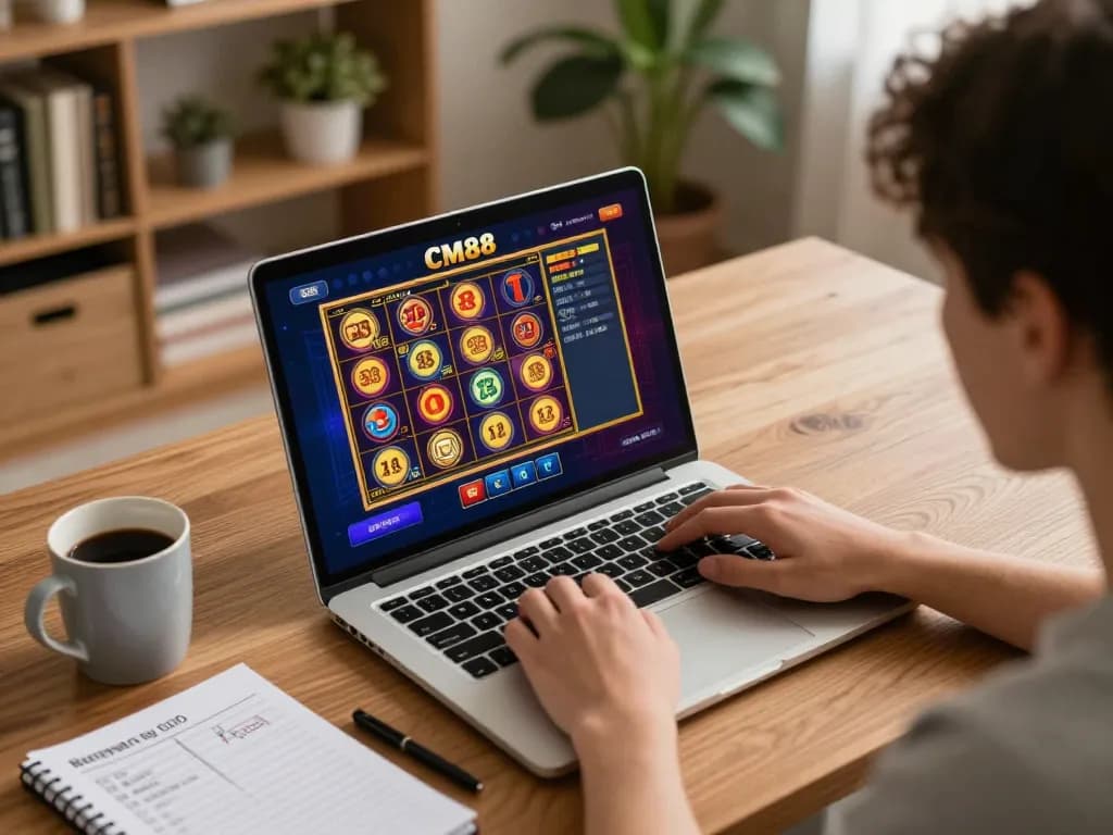 CM88 user actively engaging in online slot gameplay, showcasing a cozy home office setup