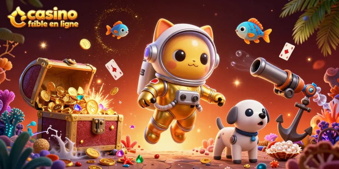 Illustration captivante pour les casinos fiables en ligne, mettant en scène un chat astronaute et un robot.