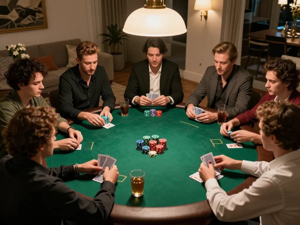 C168 đăng nhập poker night with friends at home, showcasing vibrant chips and intense gameplay.