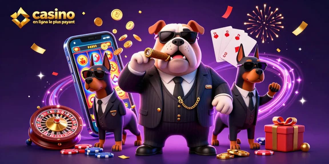 Découvrez le casino en ligne le plus payant avec un bulldog mafieux et ses gardes du corps sous une pluie de pièces d'or.