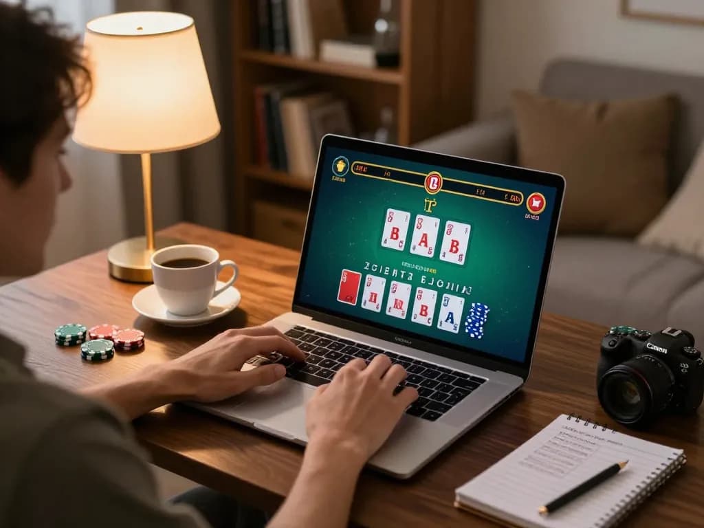 Player engaging in online blackjack at home with 388bet platform, showcasing strategic gameplay and cozy atmosphere
