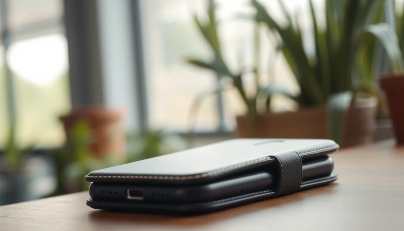 Handytasche Magnetverschluss elegant und funktional auf einem Tisch präsentiert.