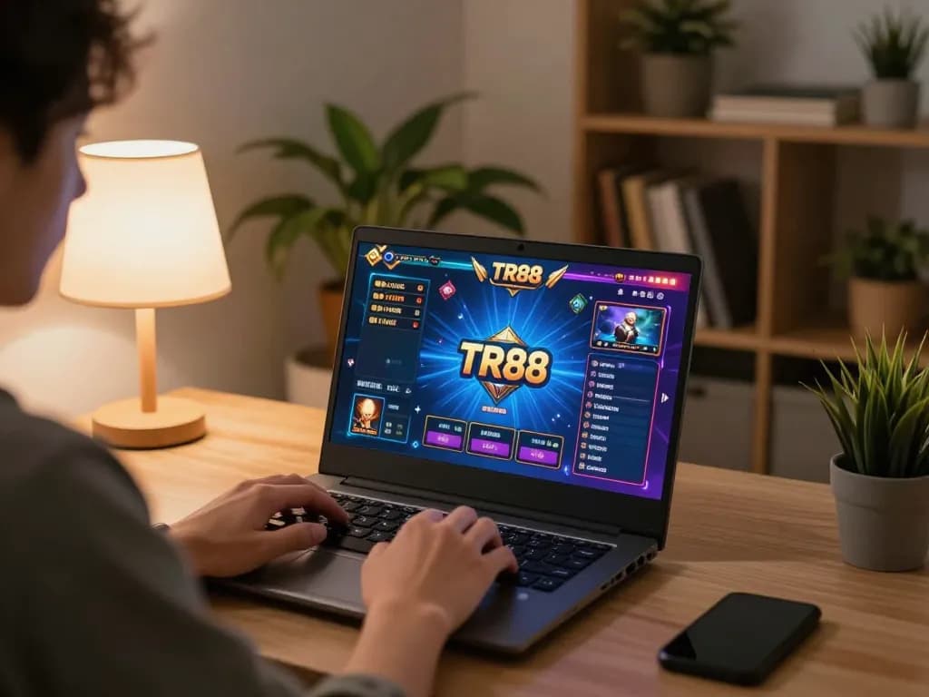 Engaged player enjoying TR88 casino games on a laptop in a cozy home office.