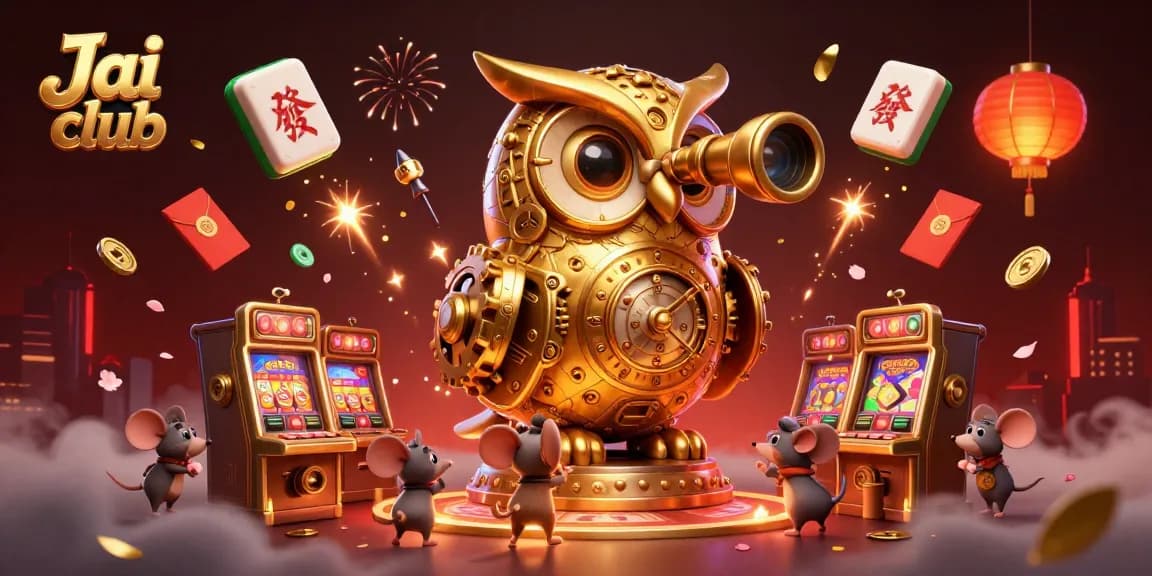 Engage in thrilling gameplay at Jai club with a festive 3D casino illustration highlighting slot machines and vibrant game elements.