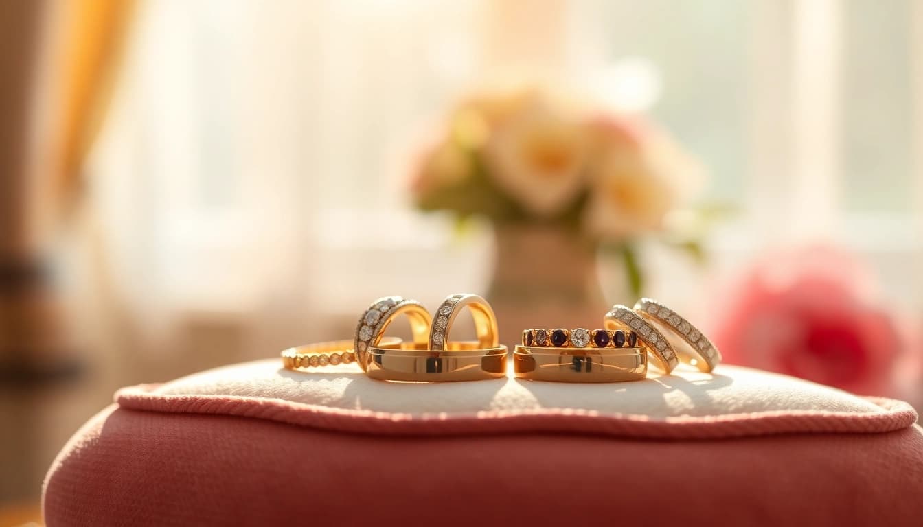 Showcasing exquisite wedding bands on a velvet cushion illuminated by natural sunlight.