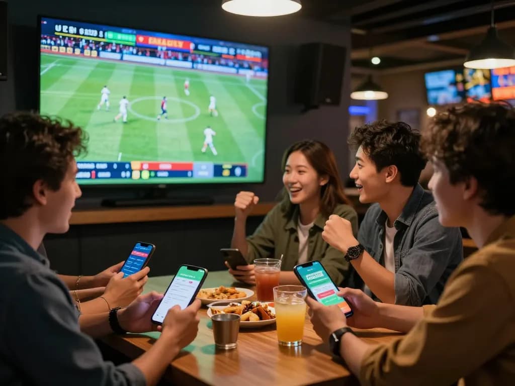 Engaged friends using G28 COM app for live sports betting during match excitement.