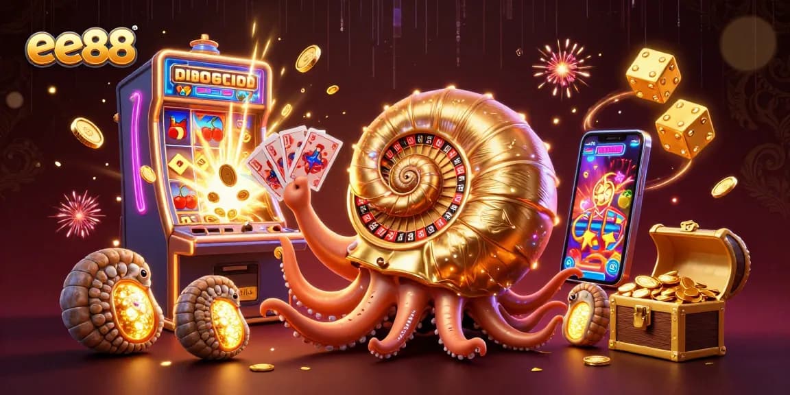 Experience thrilling gameplay at ee88 with a vibrant 3D casino illustration featuring games, golden prizes, and excitement.