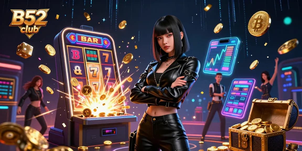 Engage in thrilling play at B52 club with vibrant slot machine and casino elements.
