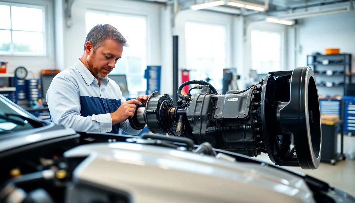 Inspecting powertrain extended warranty components in a professional garage setting.