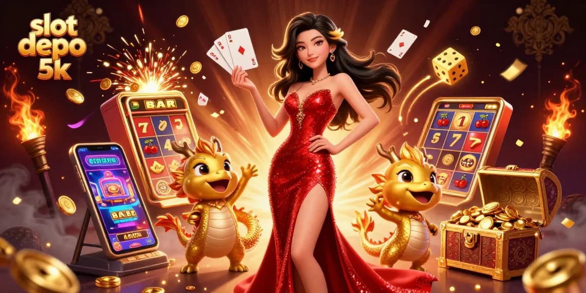 Experience the thrill at slot depo 5k with festive 3D casino graphics featuring a glamorous character and vibrant game elements.