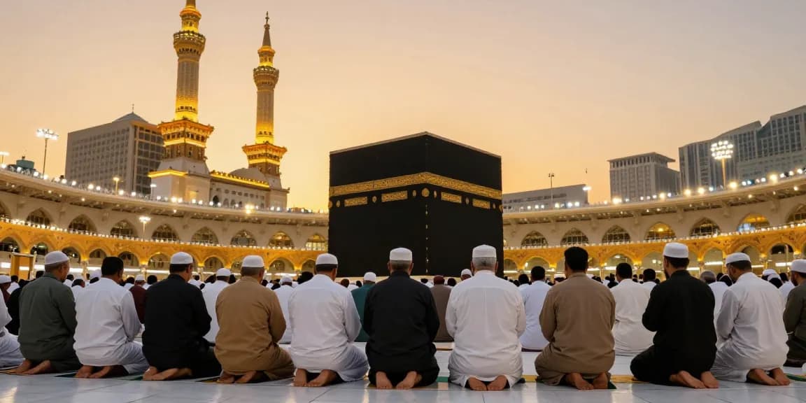 Experience Umroh Ramadhan's spiritual journey with a diverse group of pilgrims at Masjid al-Haram, reflecting warmth and unity.
