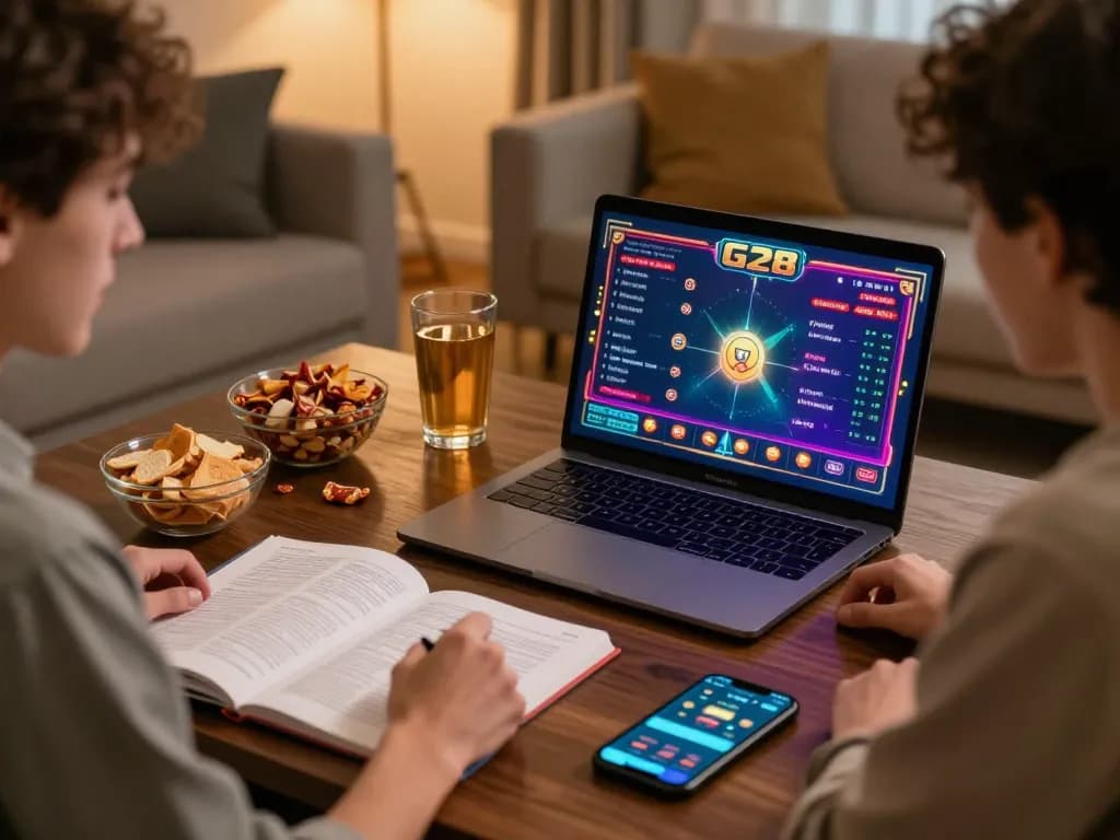 Engaged user navigating G28 online casino on laptop in a cozy home setting