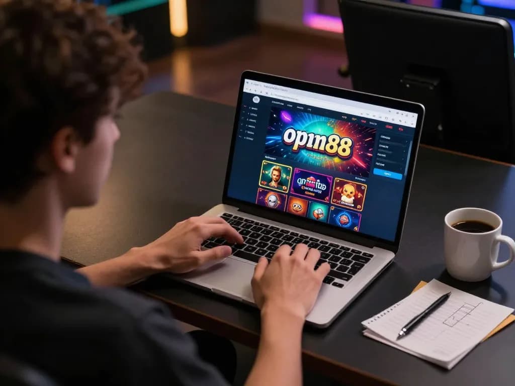 Player engaged with online open88 casino on laptop, showcasing responsible gaming setup.
