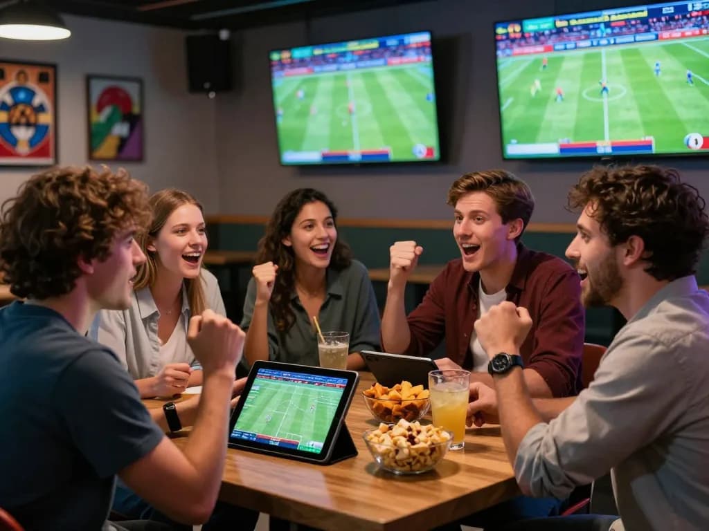 Sports betting enthusiasts enjoying excitement of xổ số hubet88 in a modern gaming lounge.