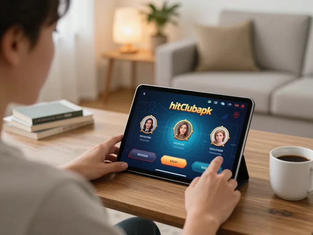 Engaging gameplay on hitclubapk tablet, cozy home setting, strategic online casino experience.