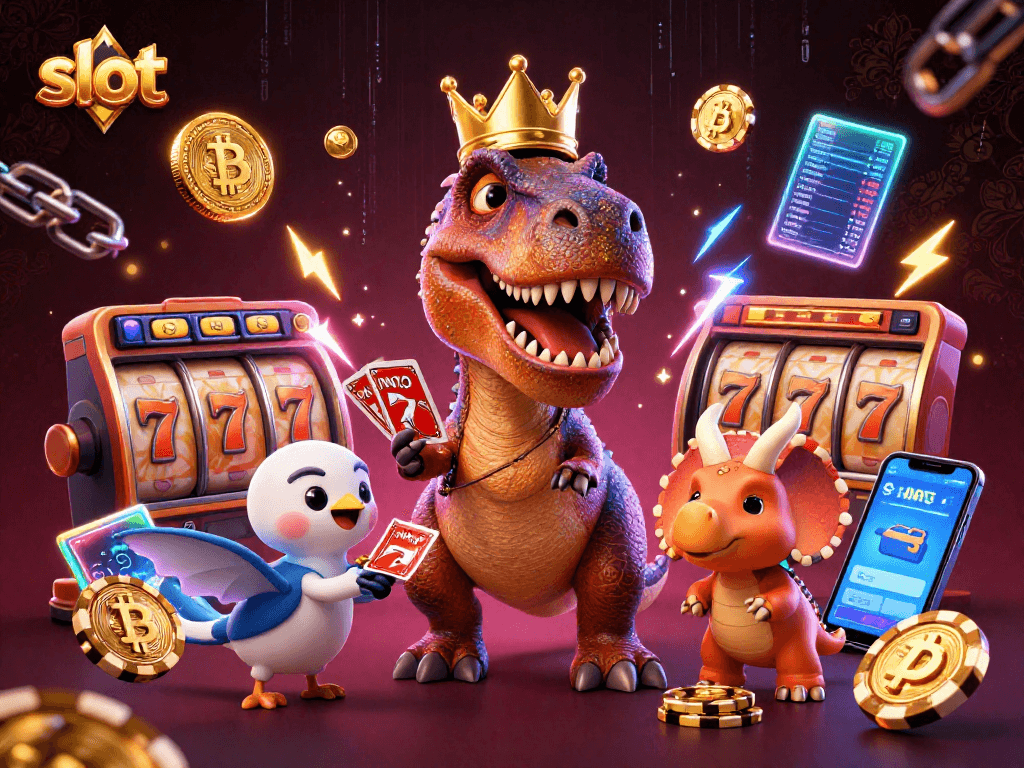 Experience thrilling slot action with a playful T-Rex, chip-stacking triceratops, and pterodactyl in a vibrant casino scene.