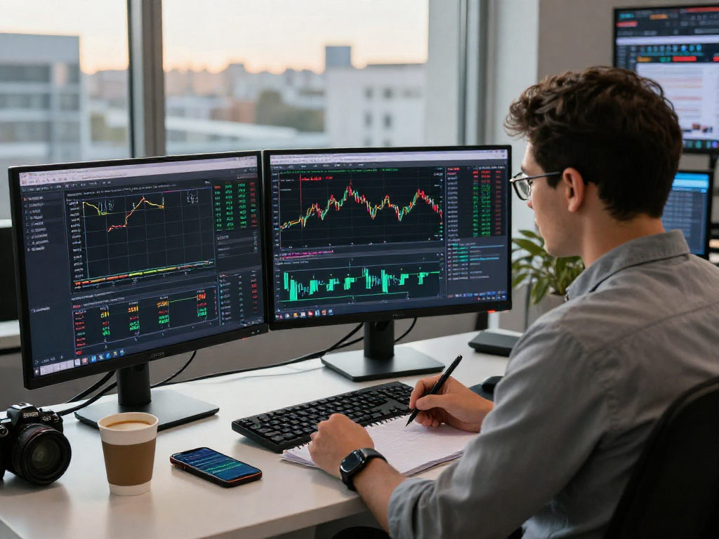 使用MetaTrader 5分析市场走势的交易者在现代办公室内专注交易.