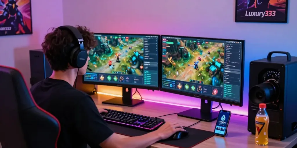 High-tech player engaging with Luxury333 platform, showcasing gaming setup and vibrant graphics.